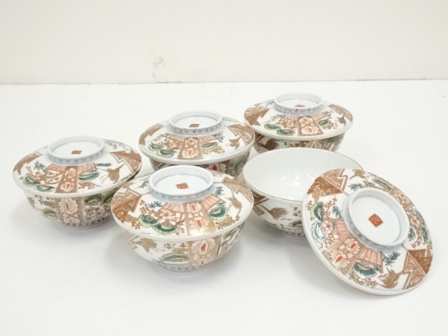 江戸末期　古伊万里　染錦松鶴文蒸茶碗5客